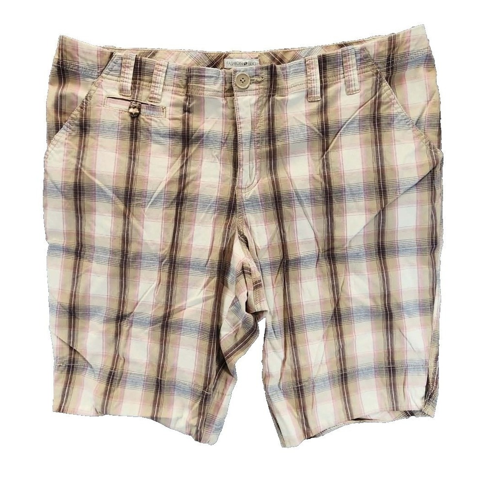 Fashion Bug Bermuda Shorts Womens 18 Tan Pink Plaid Cotton Casual EUC